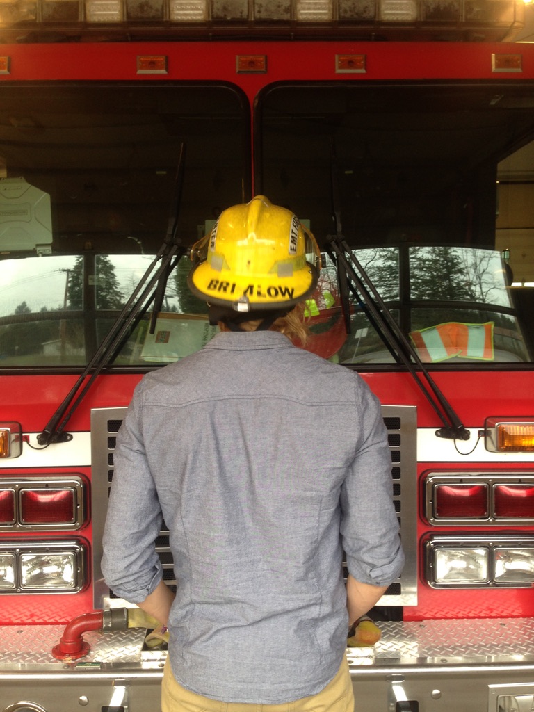 Nathaniel in his Brimlow helmet in front of the engine